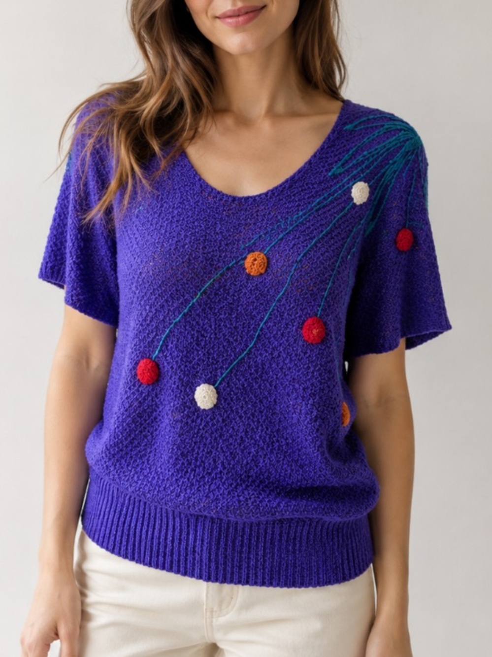 Vintage Purple Textured Knit Short-Sleeve Sweater Embroidery